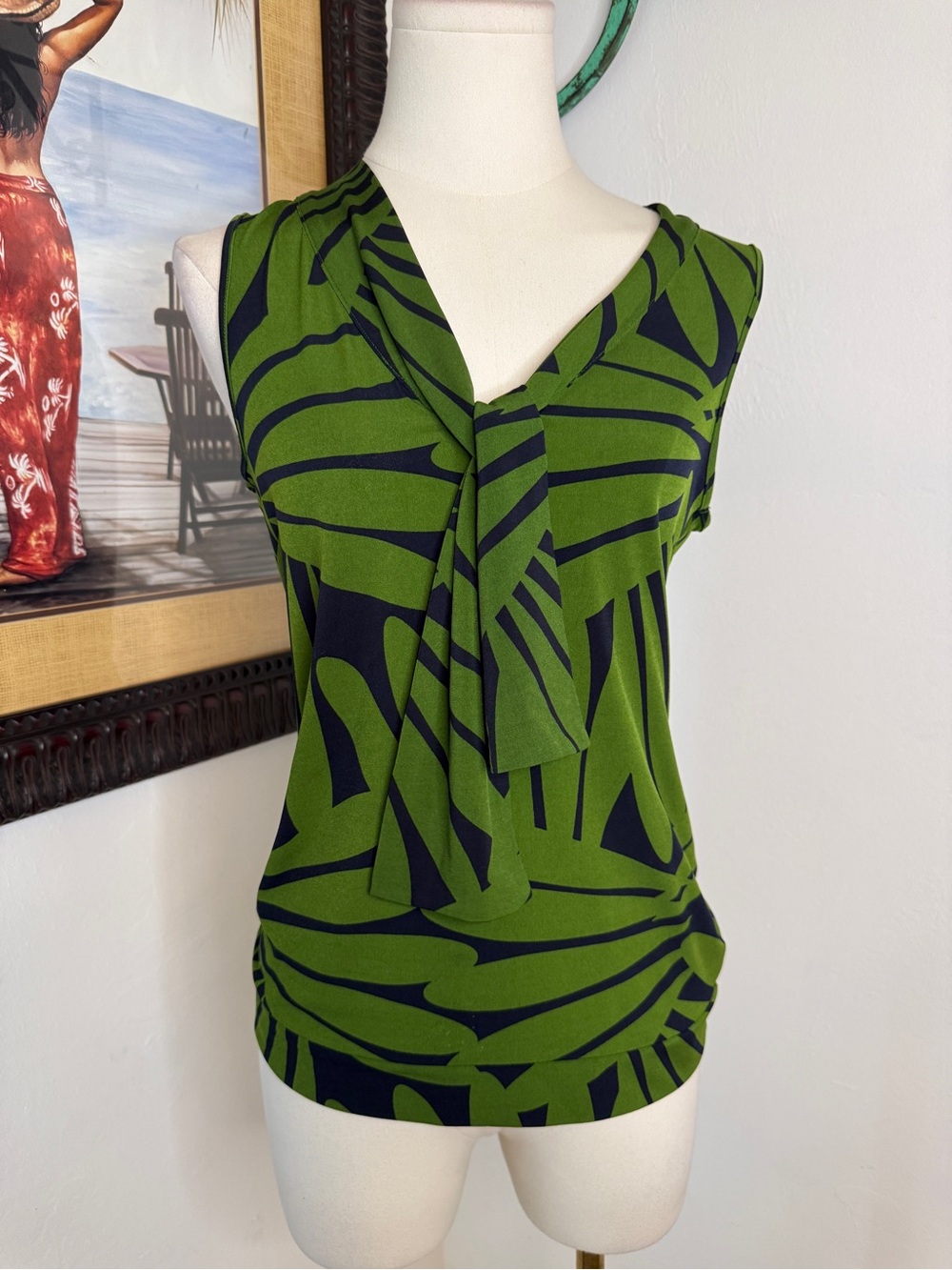 Banana Republic Green Navy Abstract Print Tie Neck Sleeveless Blouse Top